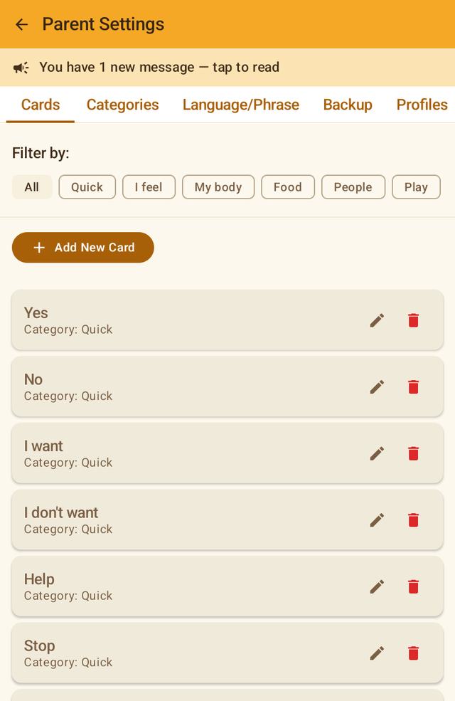 Card list with a category filter