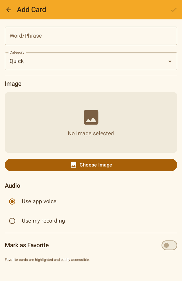 Add card screen: word, category, image
