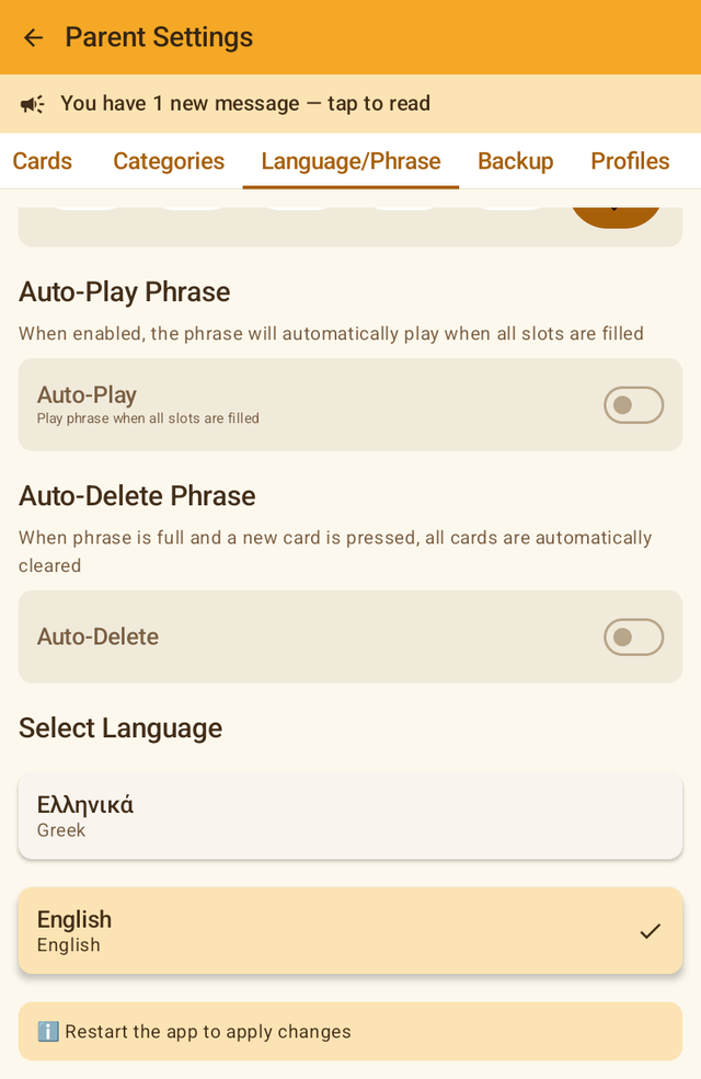 Auto-play, auto-delete, language selection