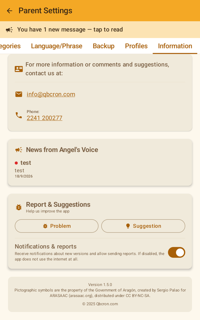 Contact, news, report a problem and the notifications switch