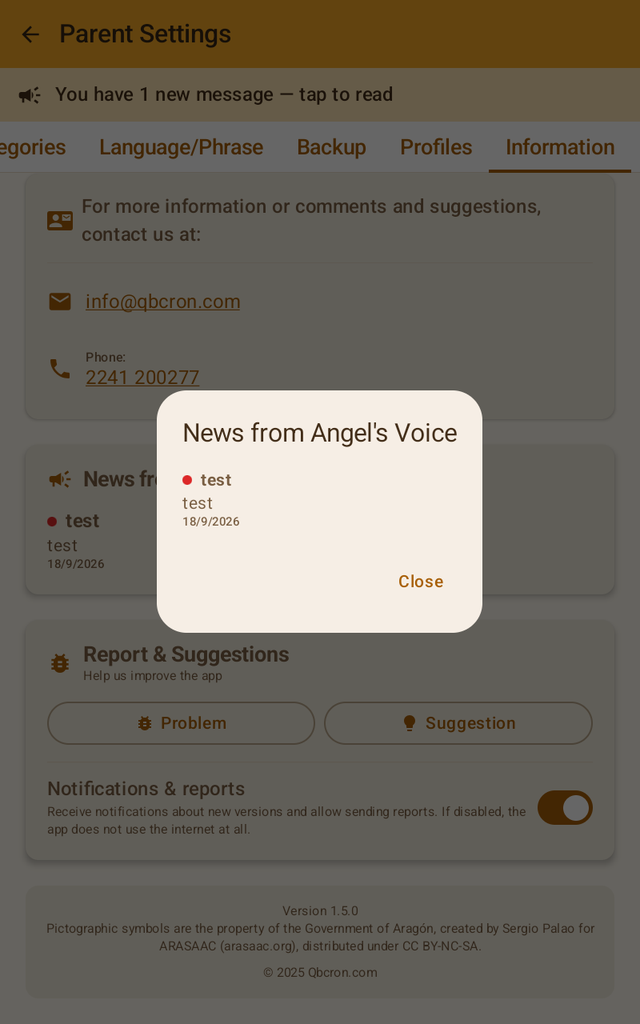 Dialog with a new message from Angel's Voice